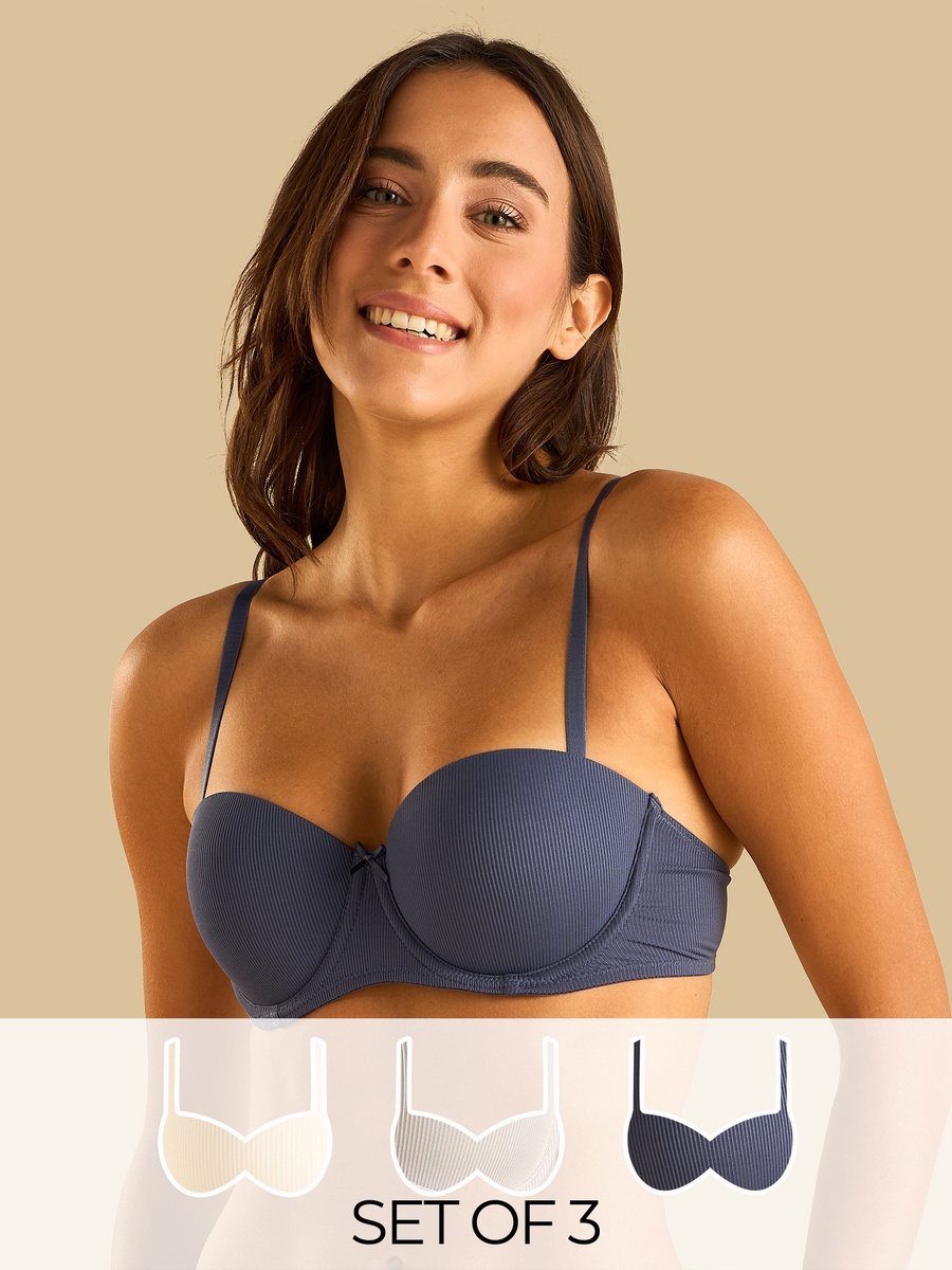 Pack of 3 - Ribbed Padded Wired Balconette Bra