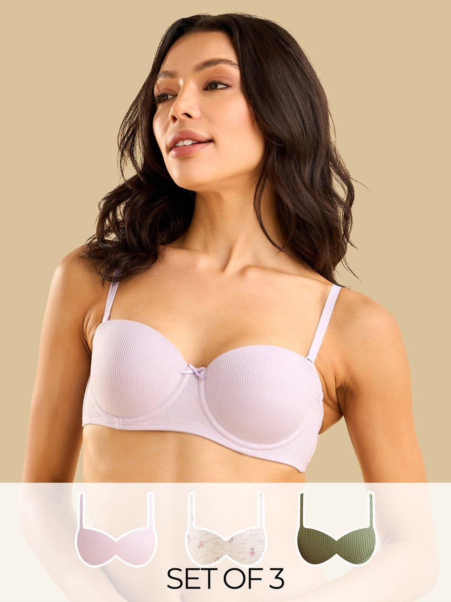 Pack of 3 - Ribbed Microfiber Push-Up Wired Balconette Bra