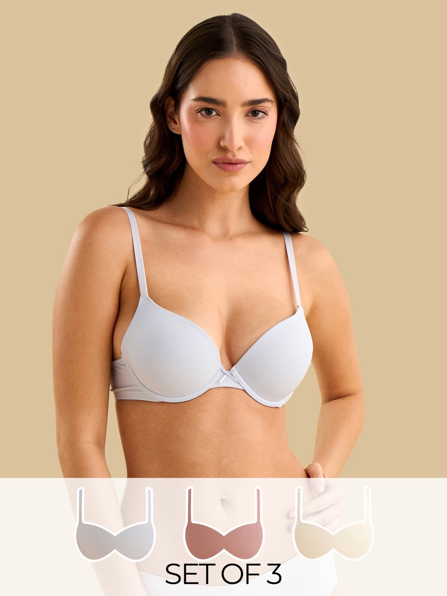 Pack of 3 - Ribbed Microfibre Padded Wired Plunge Bra