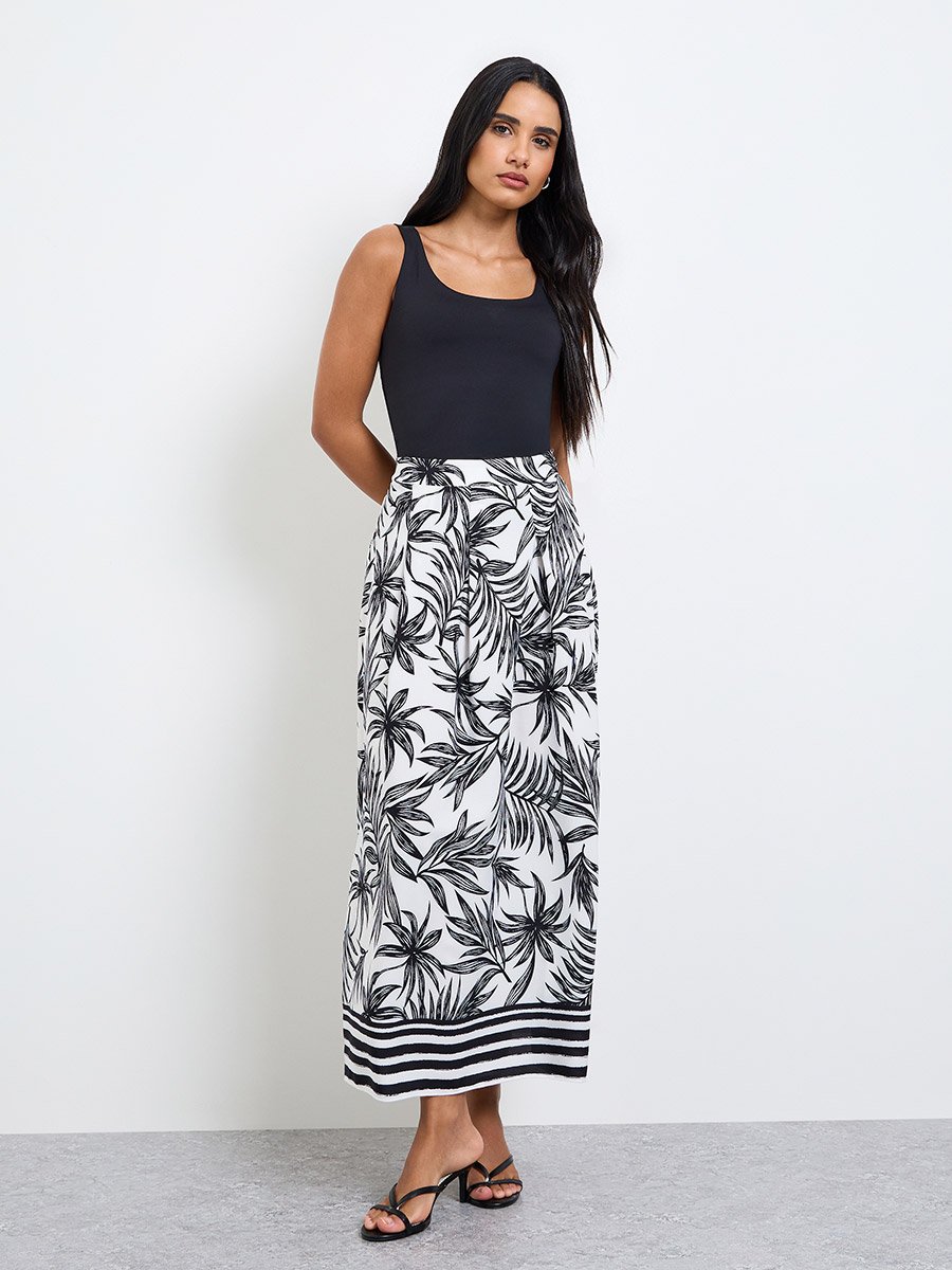 White A-Line Midi Skirt with Palm Print
