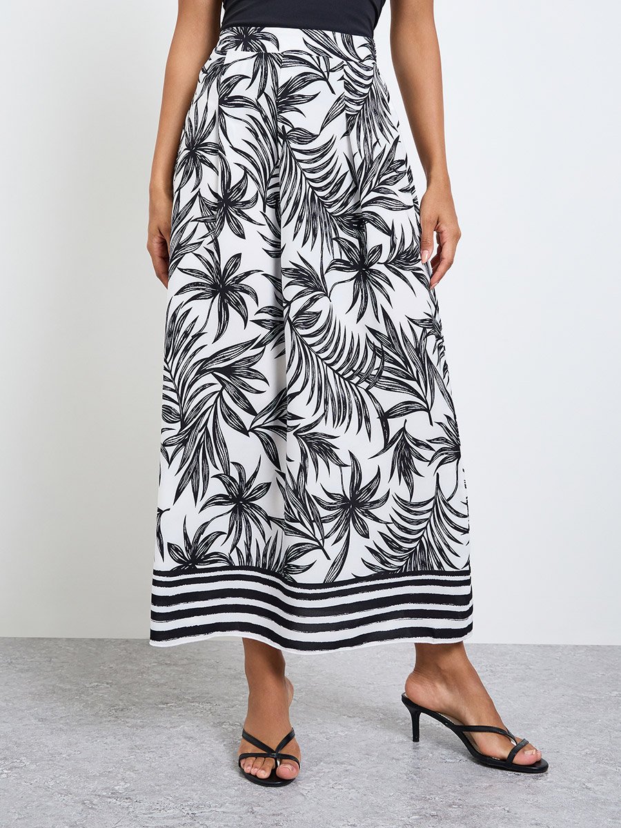 White A-Line Midi Skirt with Palm Print