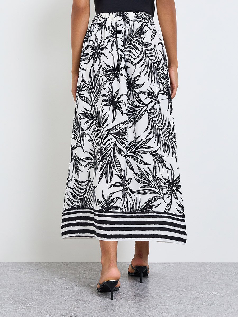 White A-Line Midi Skirt with Palm Print