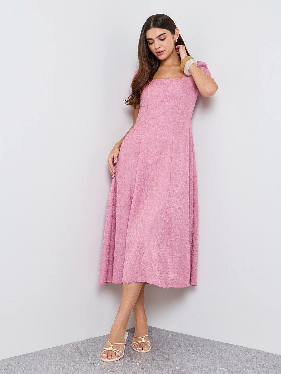 Pink Plain A-Line Square Neck Midi Dress