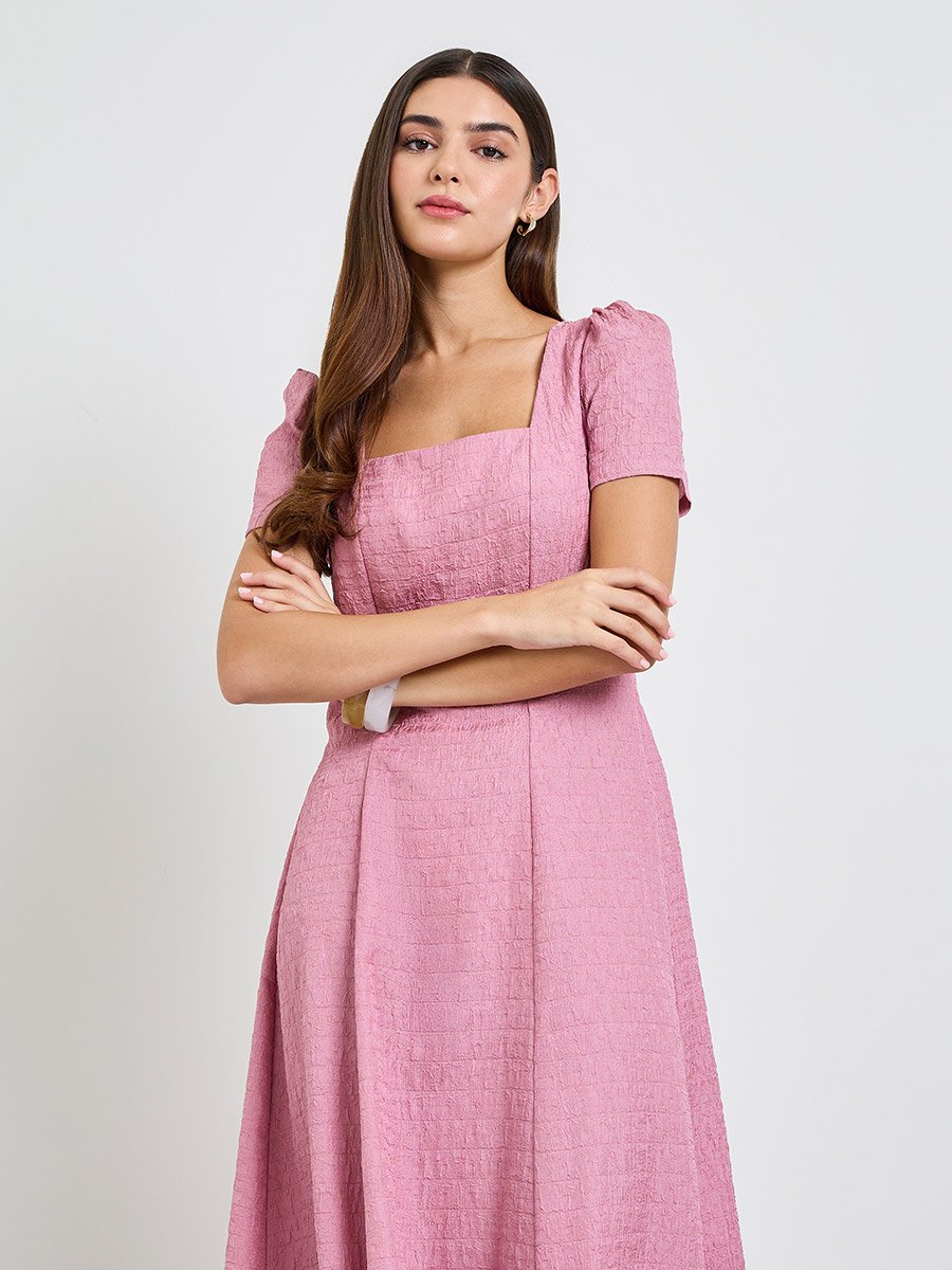 Pink Plain A-Line Square Neck Midi Dress