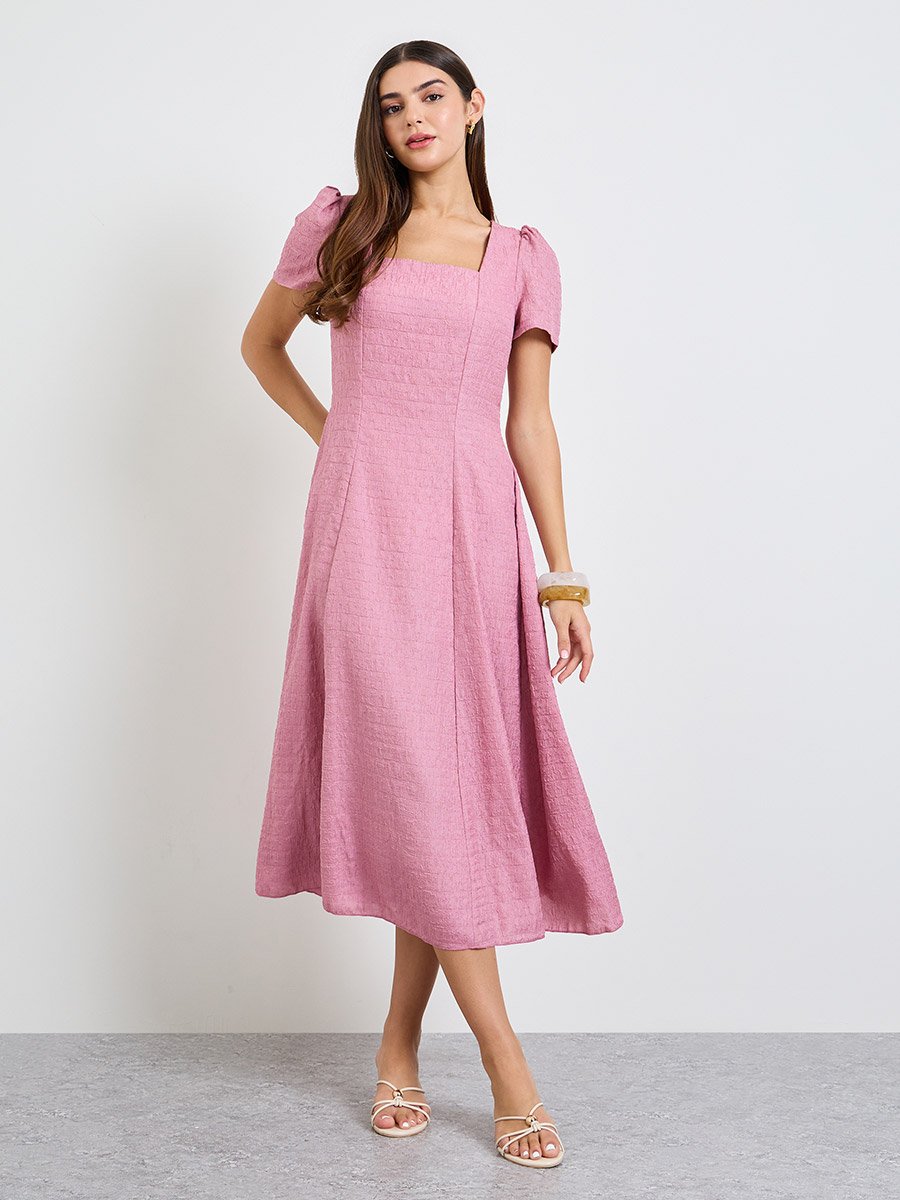 Pink Plain A-Line Square Neck Midi Dress