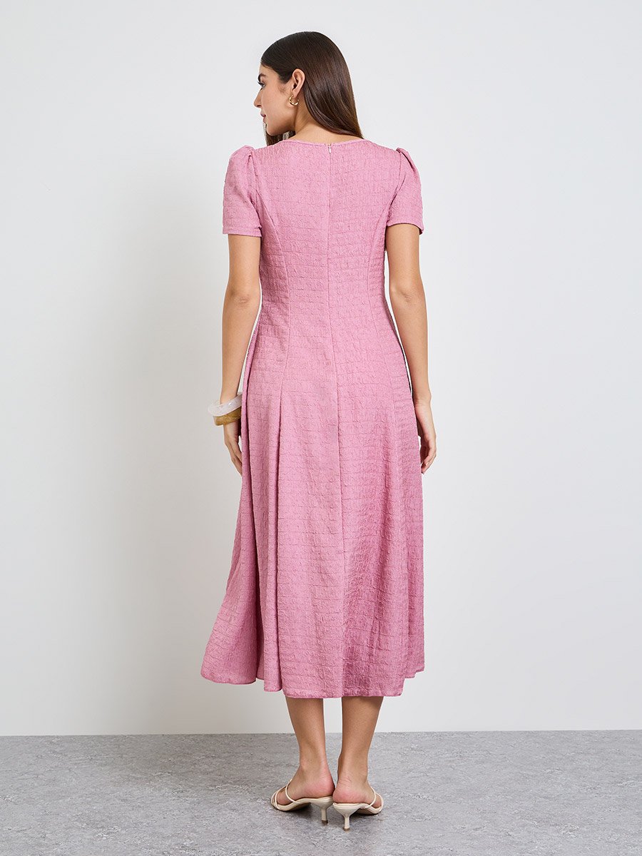 Pink Plain A-Line Square Neck Midi Dress