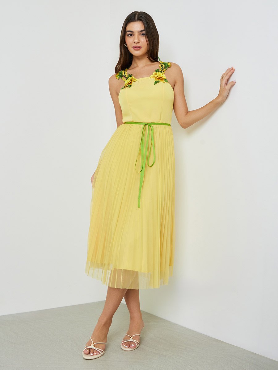 Yellow Floral Strappy Midi Dress