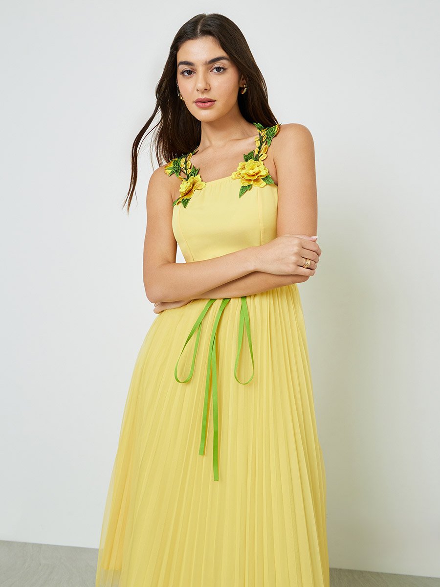 Yellow Floral Strappy Midi Dress