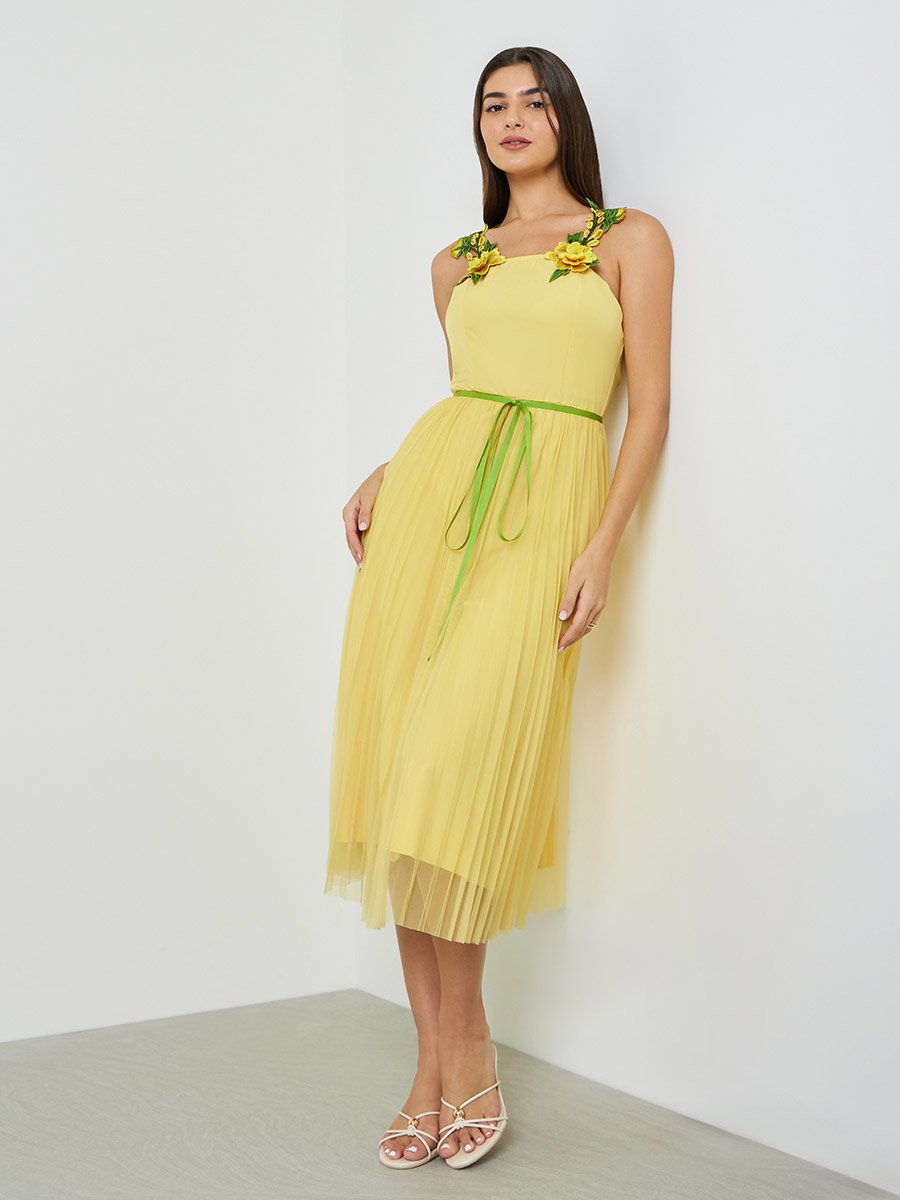 Yellow Floral Strappy Midi Dress