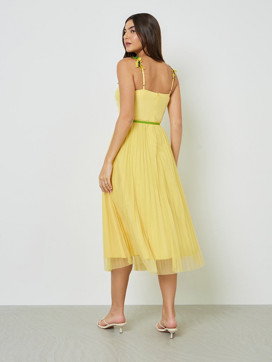 Yellow Floral Strappy Midi Dress