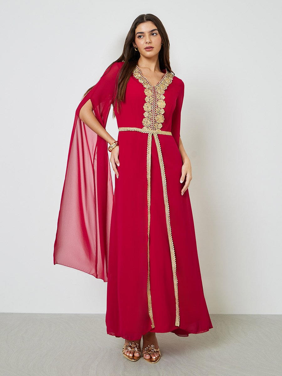 Red Lace Patch Detail Maxi Kaftan