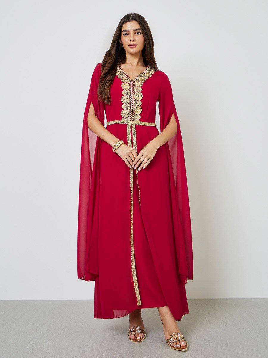 Red Lace Patch Detail Maxi Kaftan