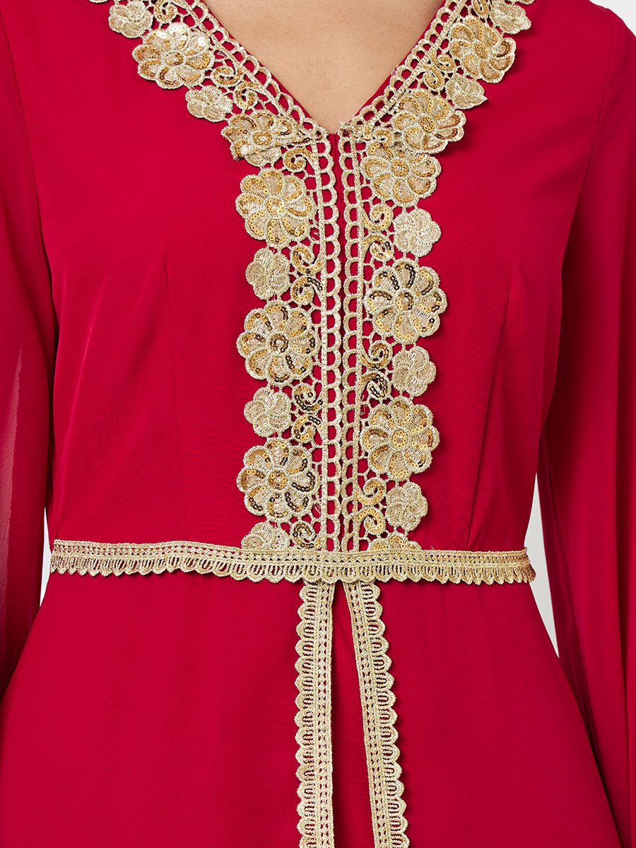 Red Lace Patch Detail Maxi Kaftan
