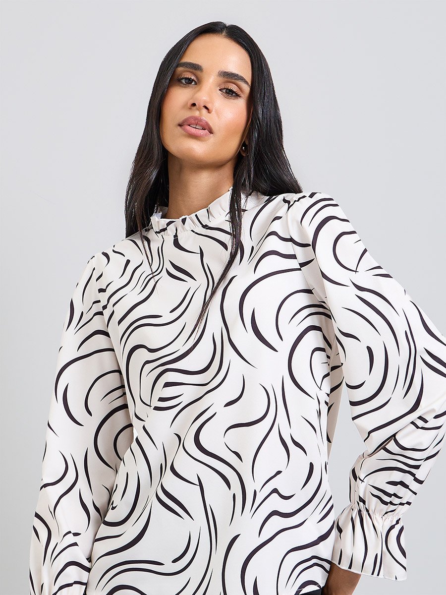 White Printed Ruffled Neck Blouse