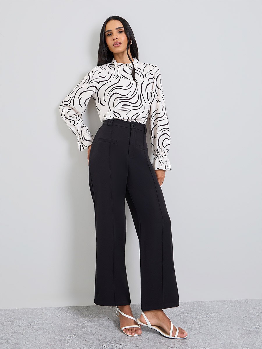 White Printed Ruffled Neck Blouse