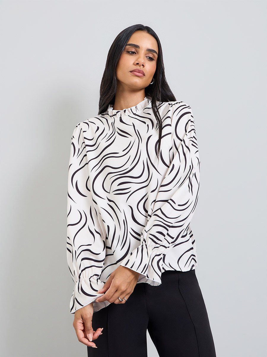 White Printed Ruffled Neck Blouse