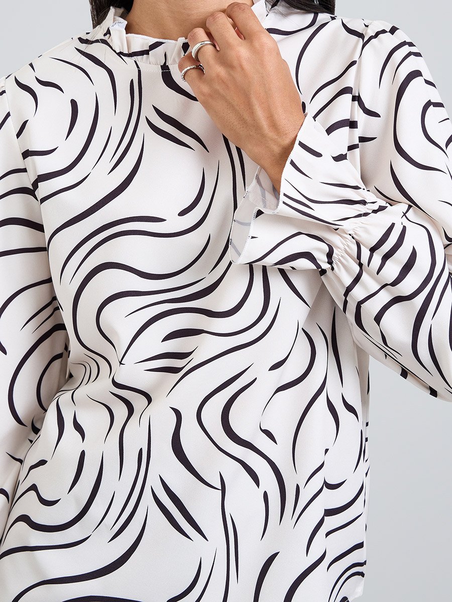 White Printed Ruffled Neck Blouse