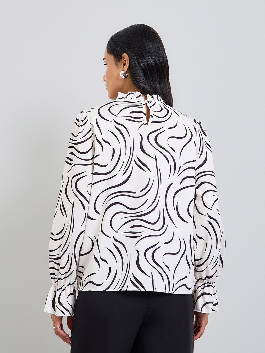 White Printed Ruffled Neck Blouse