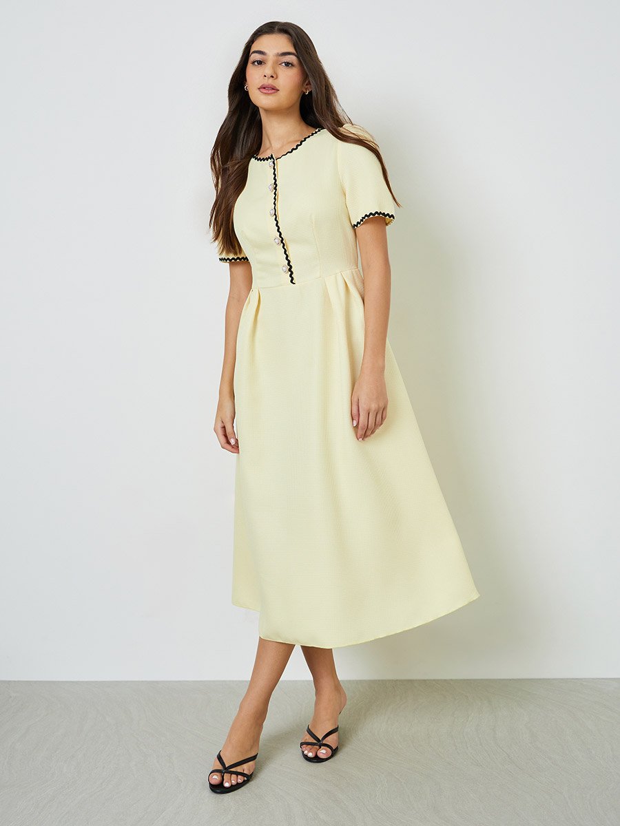 Yellow Ric-Rac Trim A-Line Midi Dress