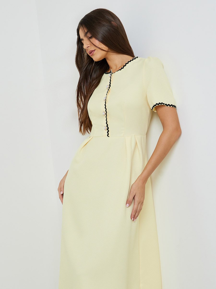 Yellow Ric-Rac Trim A-Line Midi Dress