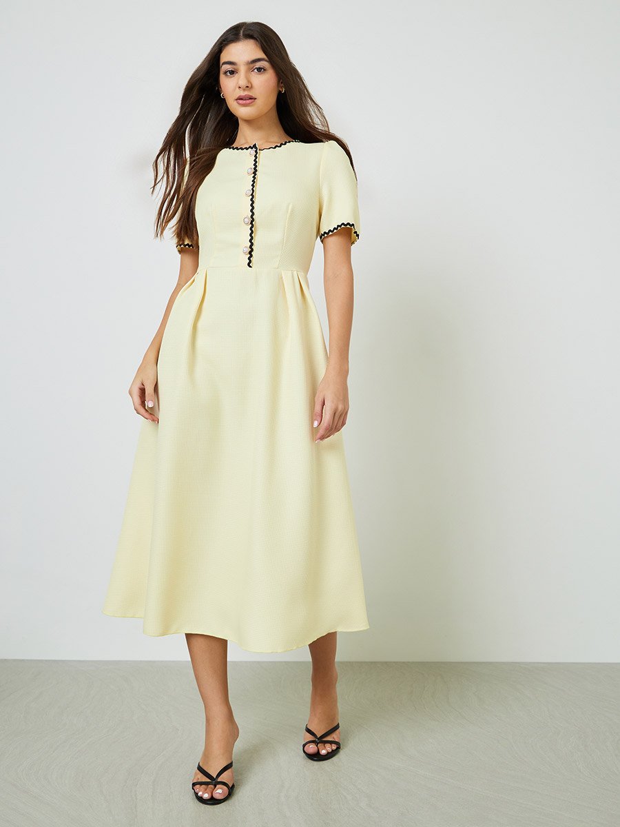 Yellow Ric-Rac Trim A-Line Midi Dress