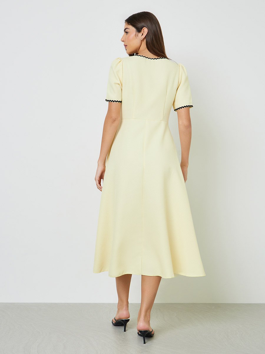 Yellow Ric-Rac Trim A-Line Midi Dress
