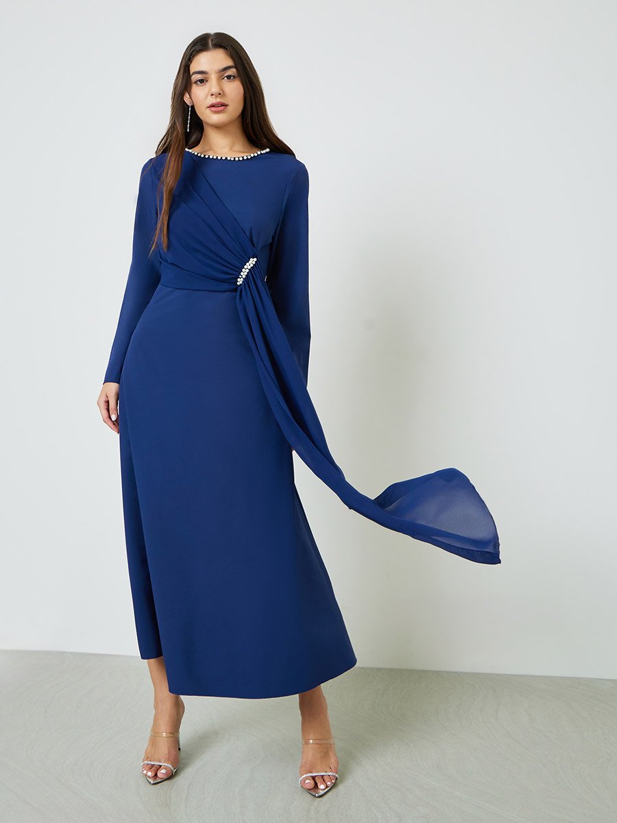 Navy Blue Embellished Draped A-Line Maxi Dress