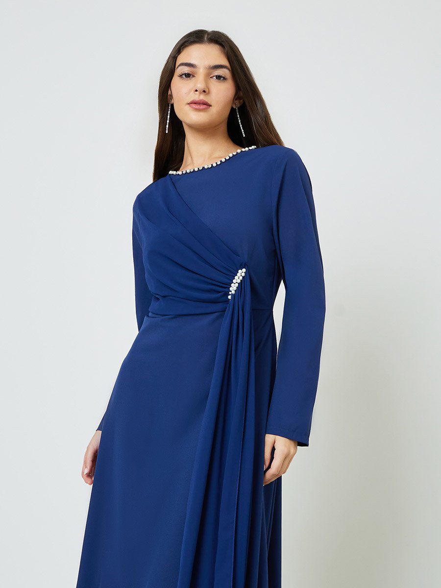 Navy Blue Embellished Draped A-Line Maxi Dress