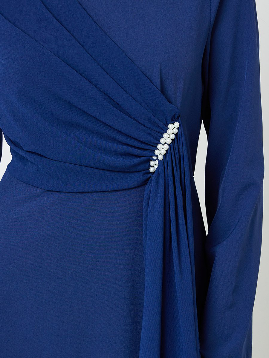 Navy Blue Embellished Draped A-Line Maxi Dress