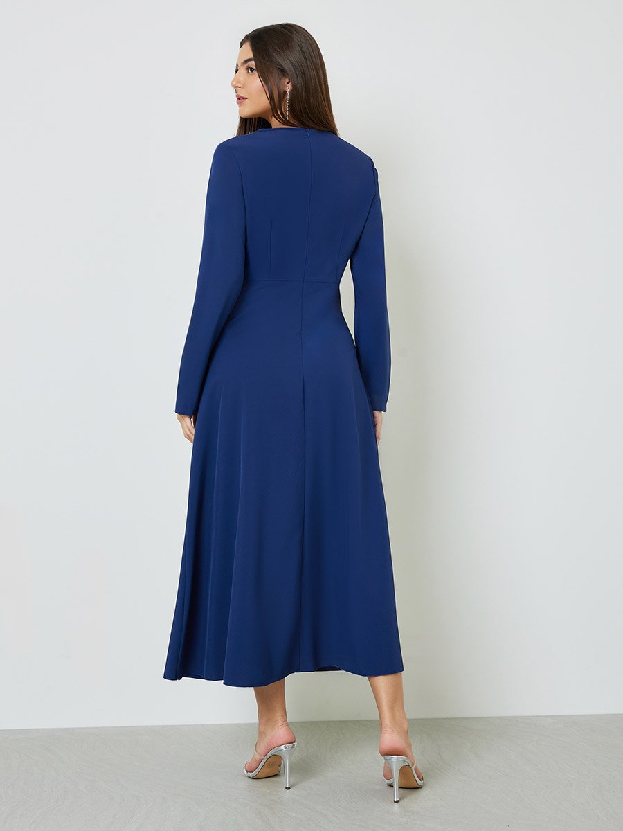 Navy Blue Embellished Draped A-Line Maxi Dress