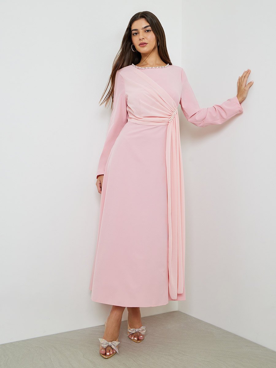 Light Pink Embellished Draped A-Line Maxi Dress