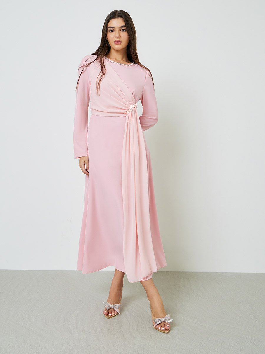 Light Pink Embellished Draped A-Line Maxi Dress