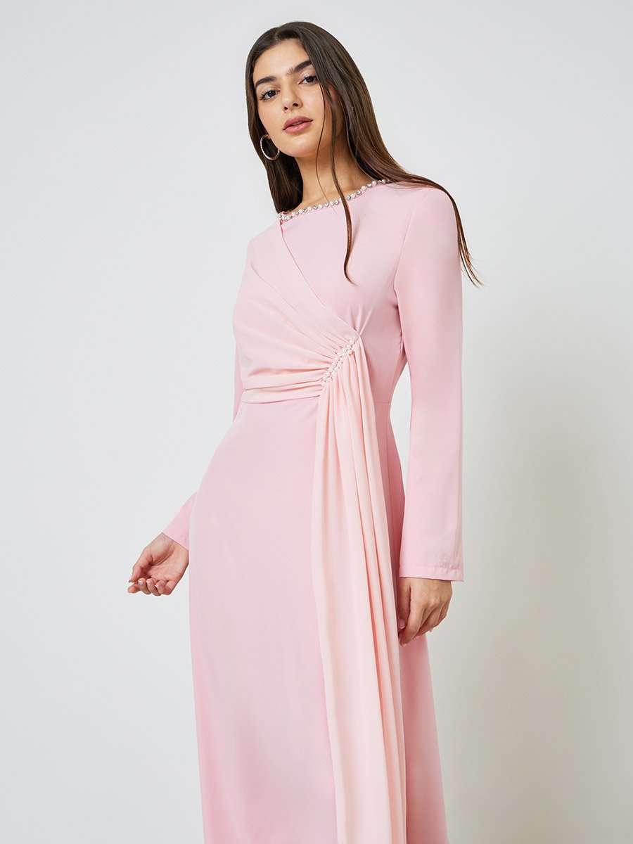 Light Pink Embellished Draped A-Line Maxi Dress