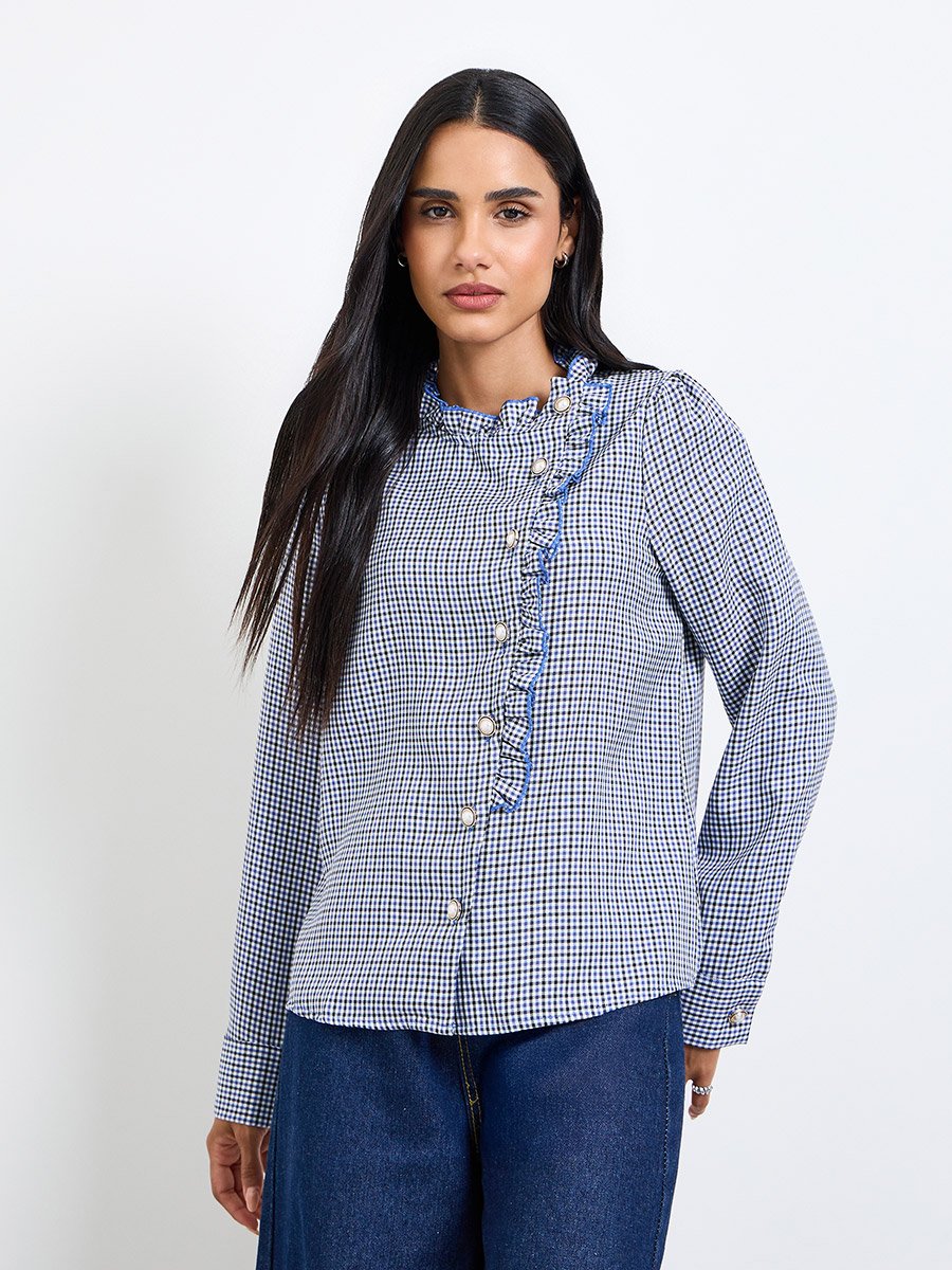Blue Gingham Ruffled Long Sleeve Blouse