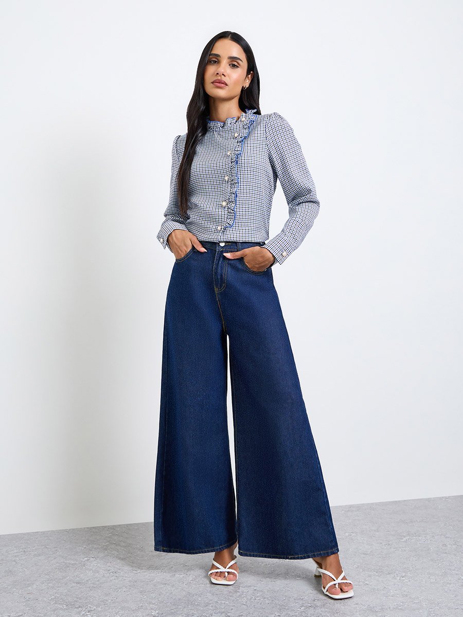 Blue Gingham Ruffled Long Sleeve Blouse