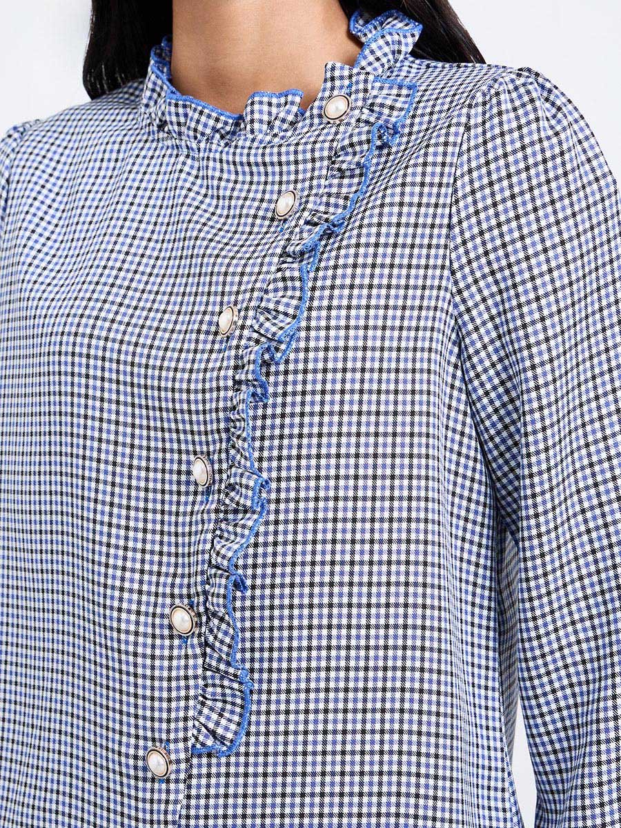 Blue Gingham Ruffled Long Sleeve Blouse