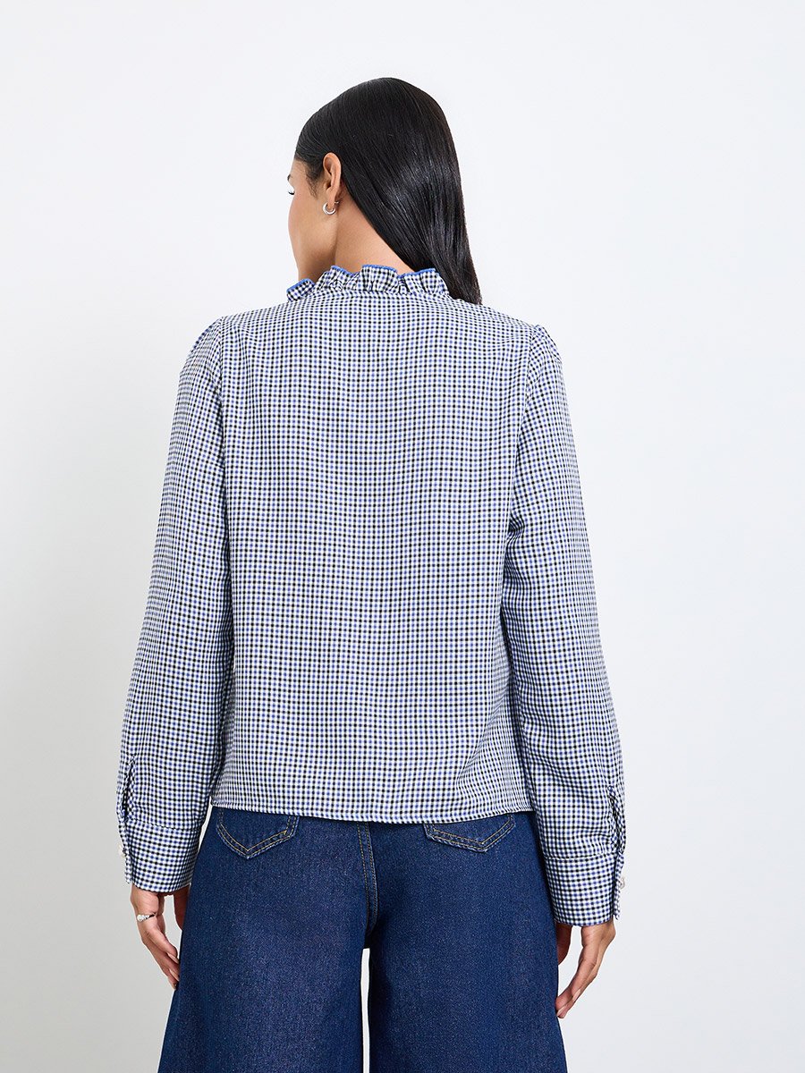 Blue Gingham Ruffled Long Sleeve Blouse