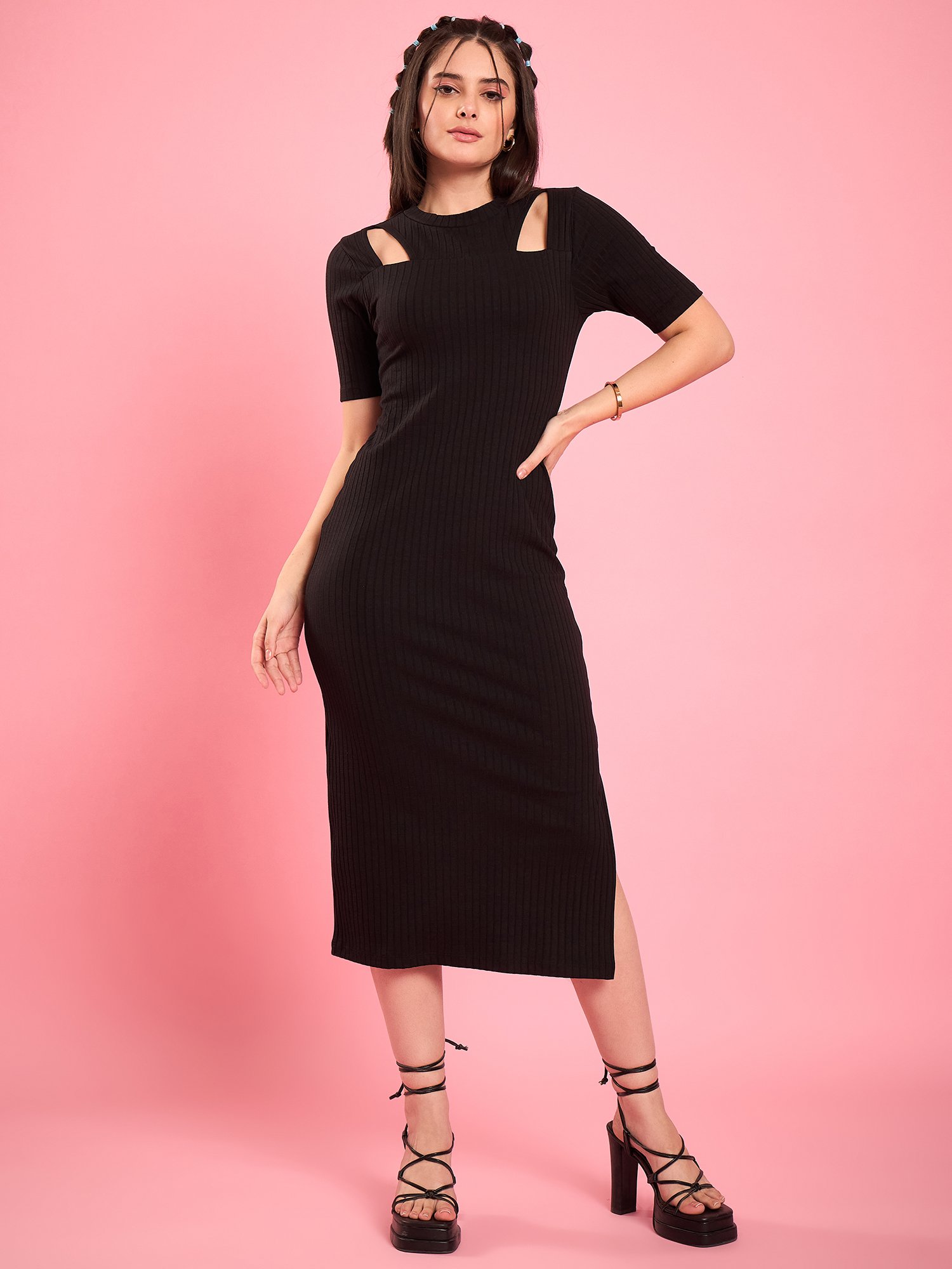 Black Ribbed Midi Dress with Shoulder Cutouts