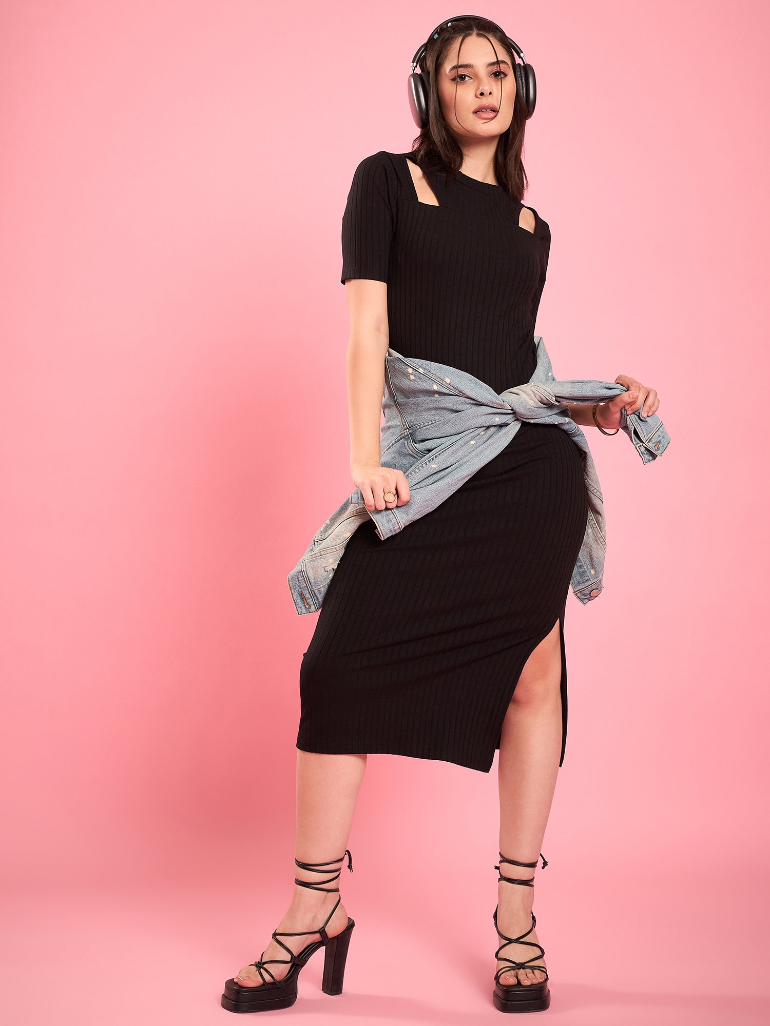 Black Ribbed Midi Dress with Shoulder Cutouts
