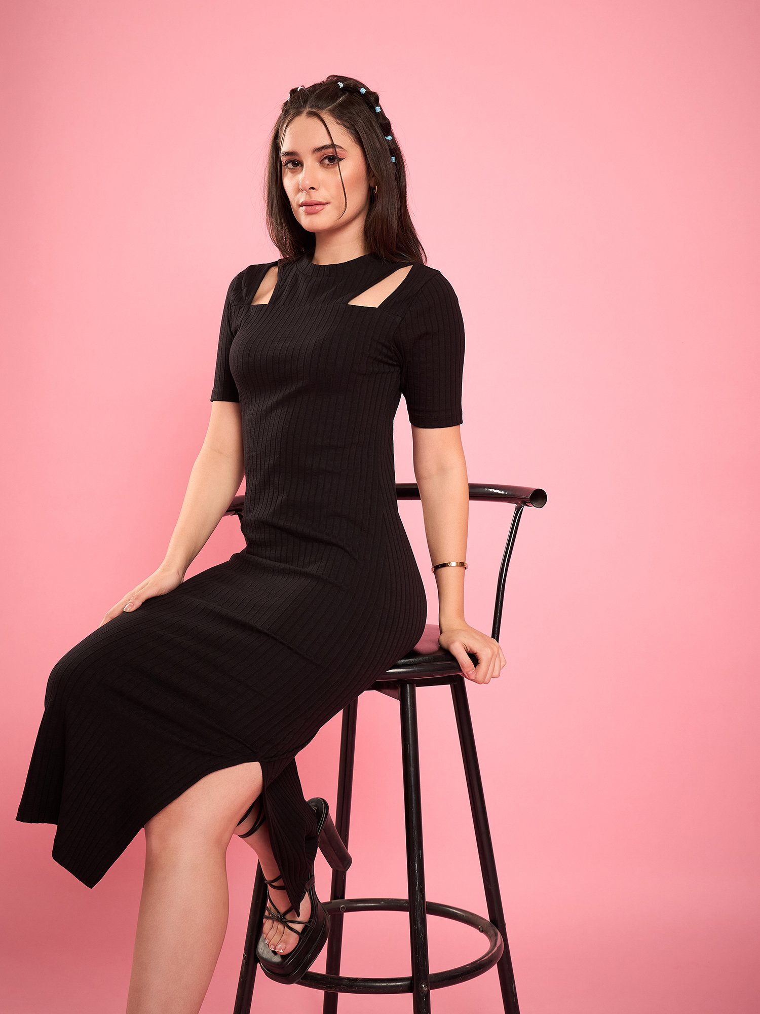 Black Ribbed Midi Dress with Shoulder Cutouts