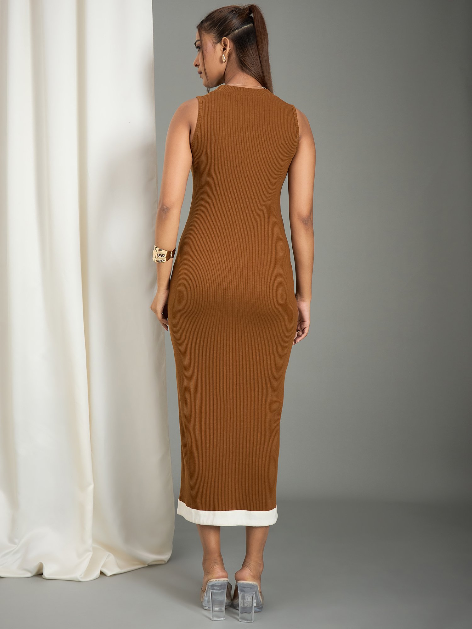 Brown Ribbed Midi Dress with Slit