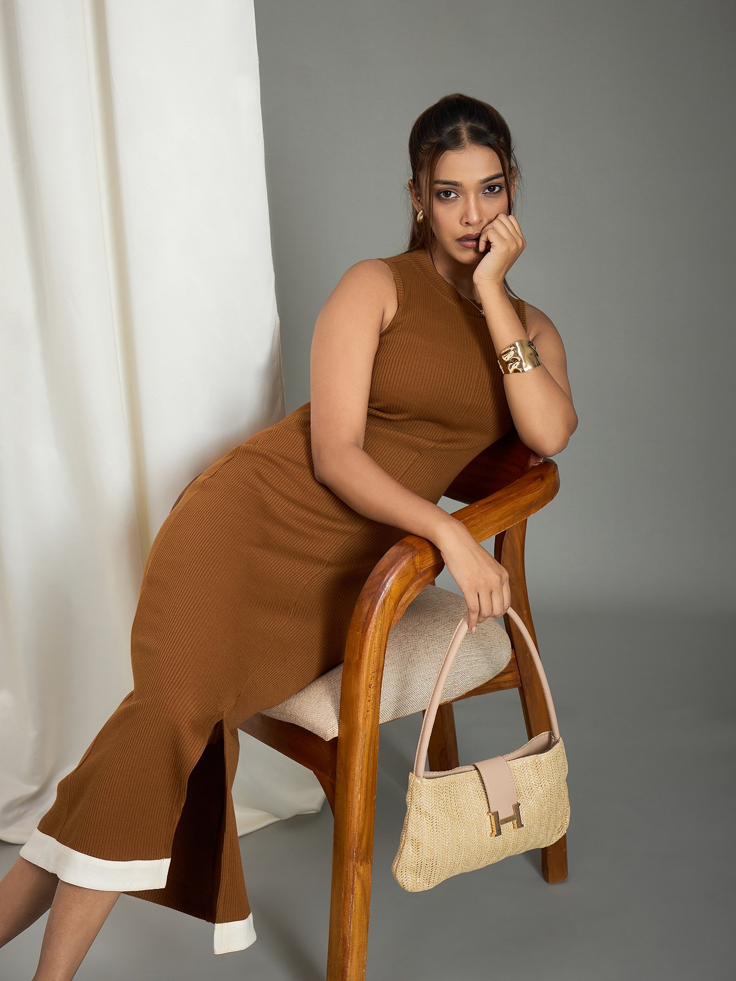 Brown Ribbed Midi Dress with Slit