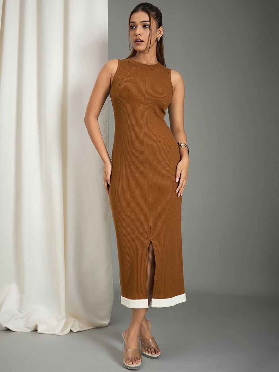 Brown Ribbed Midi Dress with Slit