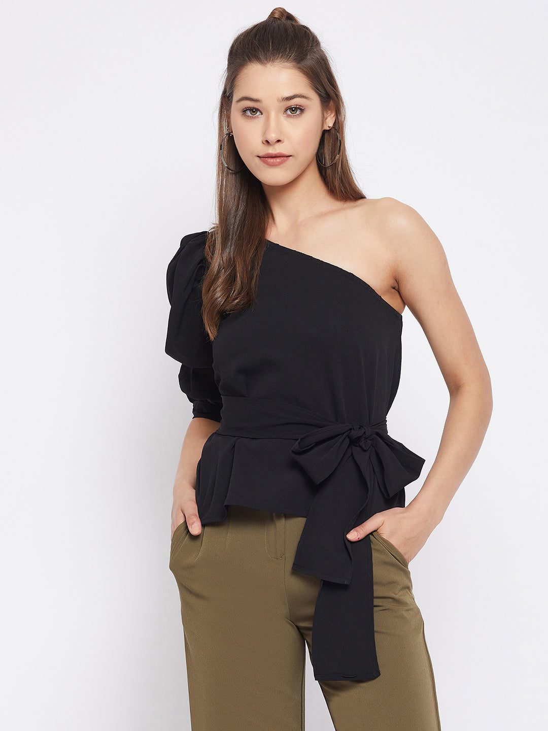 Black One-Shoulder Peplum Top with Self-Tie Belt
