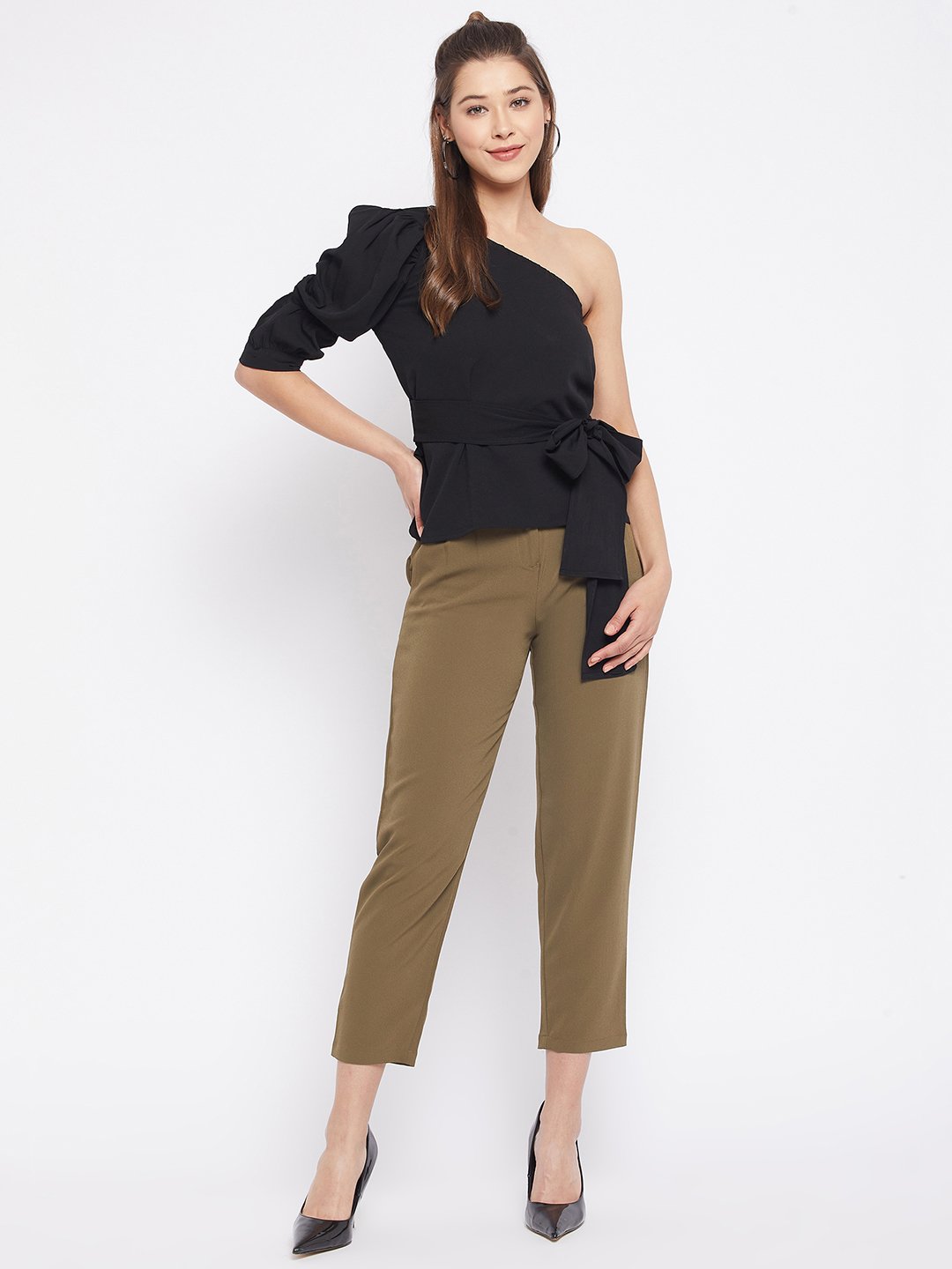 Black One-Shoulder Peplum Top with Self-Tie Belt