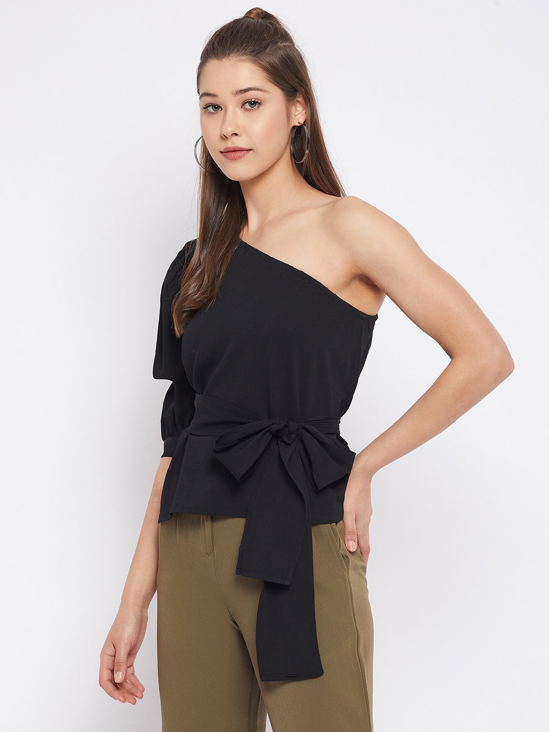 Black One-Shoulder Peplum Top with Self-Tie Belt