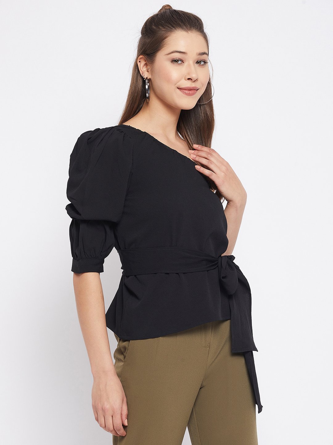 Black One-Shoulder Peplum Top with Self-Tie Belt
