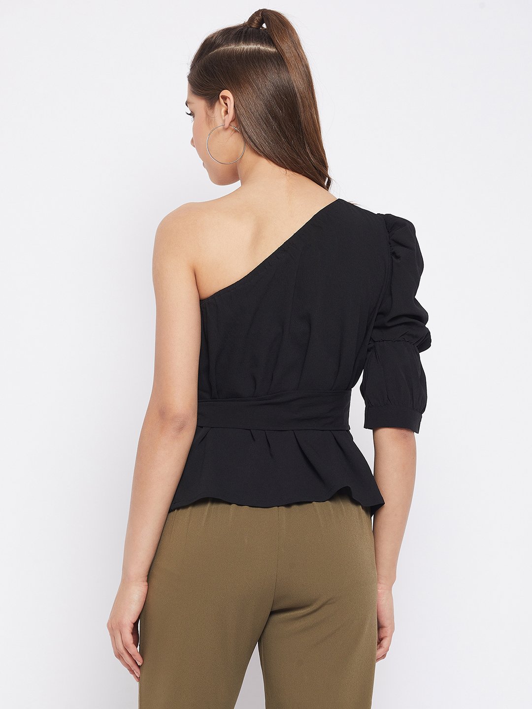 Black One-Shoulder Peplum Top with Self-Tie Belt