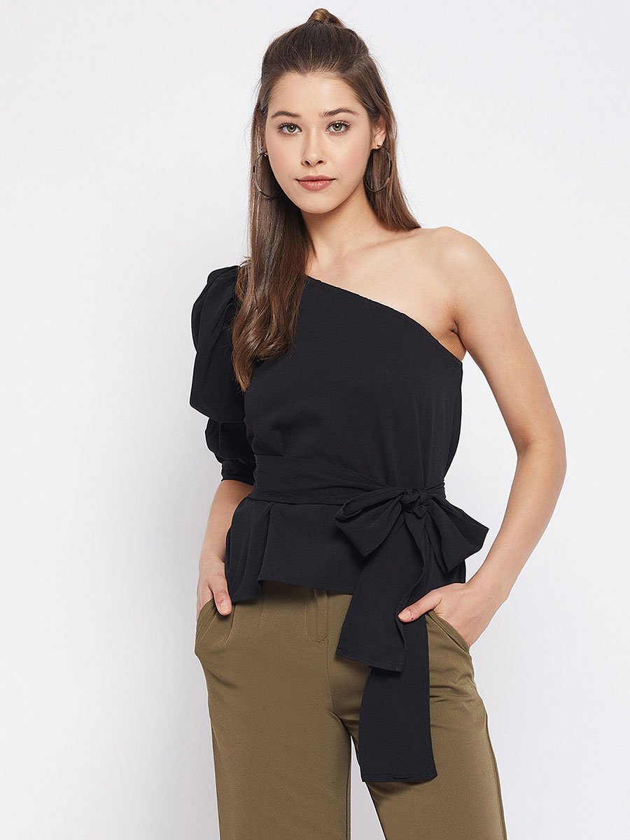 Black One-Shoulder Peplum Top with Self-Tie Belt