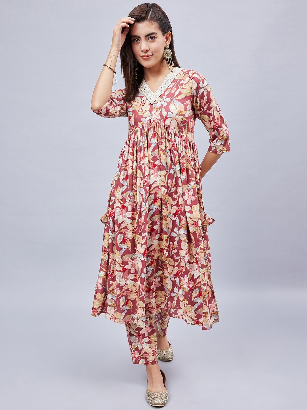 Rust Floral Rayon V-Neck Kurta with Regular Pants Set